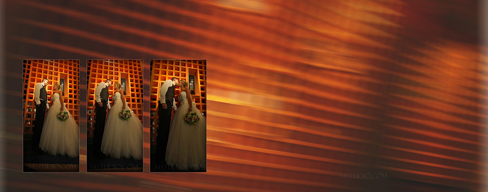 bride and groom in front of an urban design