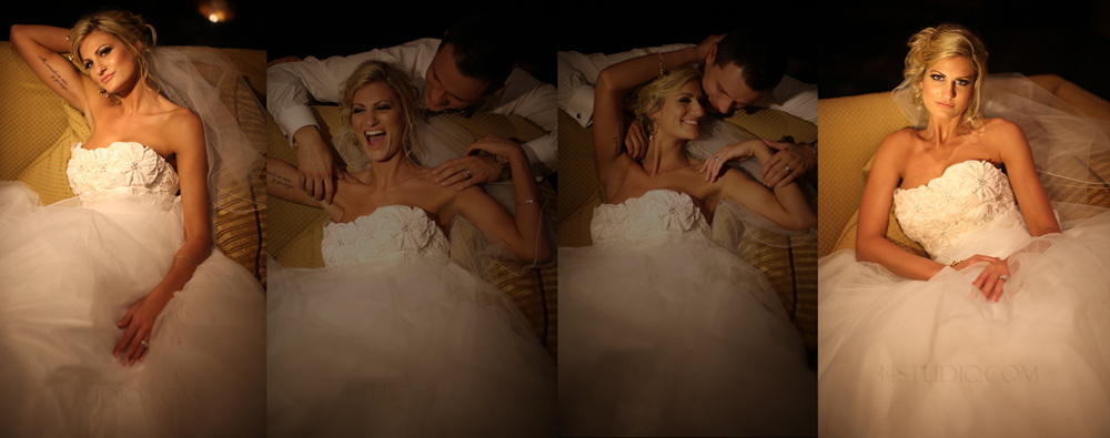 bride and groom laying on a couch outside of wedding reception at Wynn Las Vegas