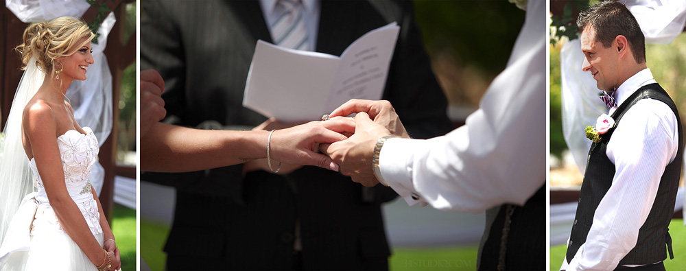 bride and groom holding hands in gazebo during the wedding ceremony